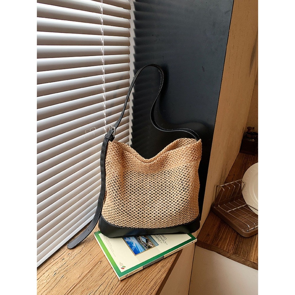 Chic Carryalls Leather Trim Woven Shoulder Bag